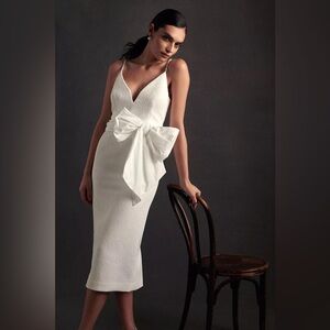 Anthropologie V neck White Rebecca Vallance Genevieve Sheath Midi Dress Bow NWOT